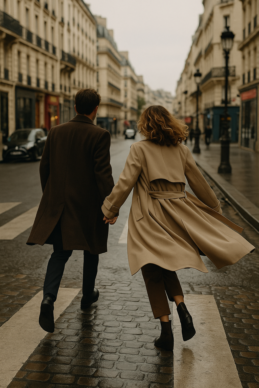 Elegant couple walking in Paris streets - romantic lifestyle and perfume